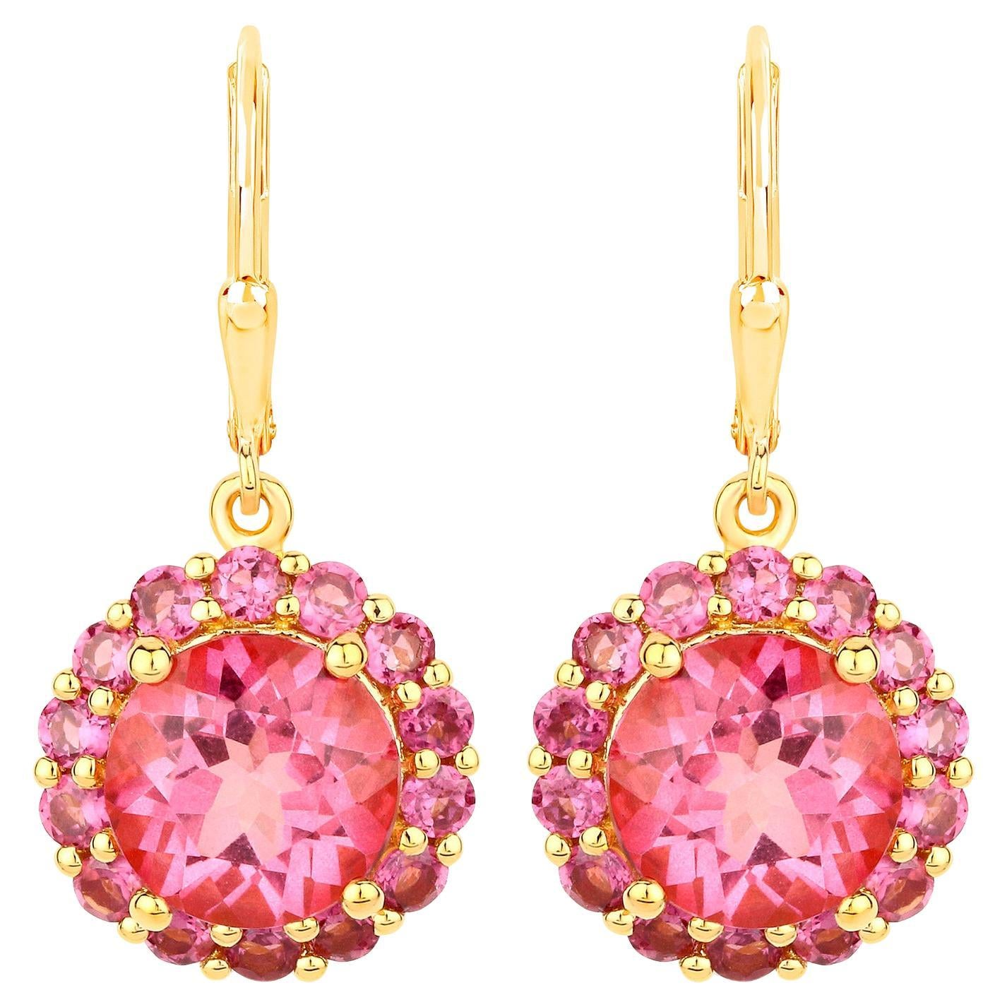 Pink Topaz Dangle Earrings Rhodolites 10.7 Carats 18K Gold Plated Silver