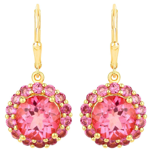 Pink Topaz Dangle Earrings Rhodolites 10.7 Carats 18K Gold Plated Silver