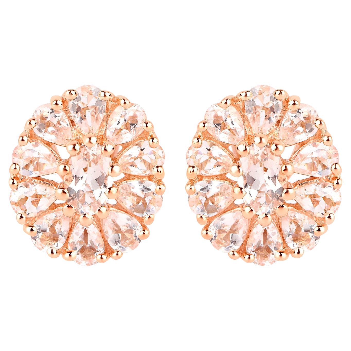 Morganite Flower Cocktail Earrings 3.34 Carats Total 18K Rose Gold Plated