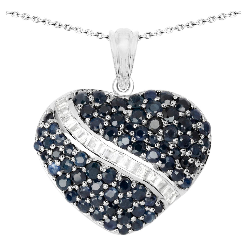 Blue Sapphire Heart Pendant With White Topaz 4.58 Carats Sterling Silver