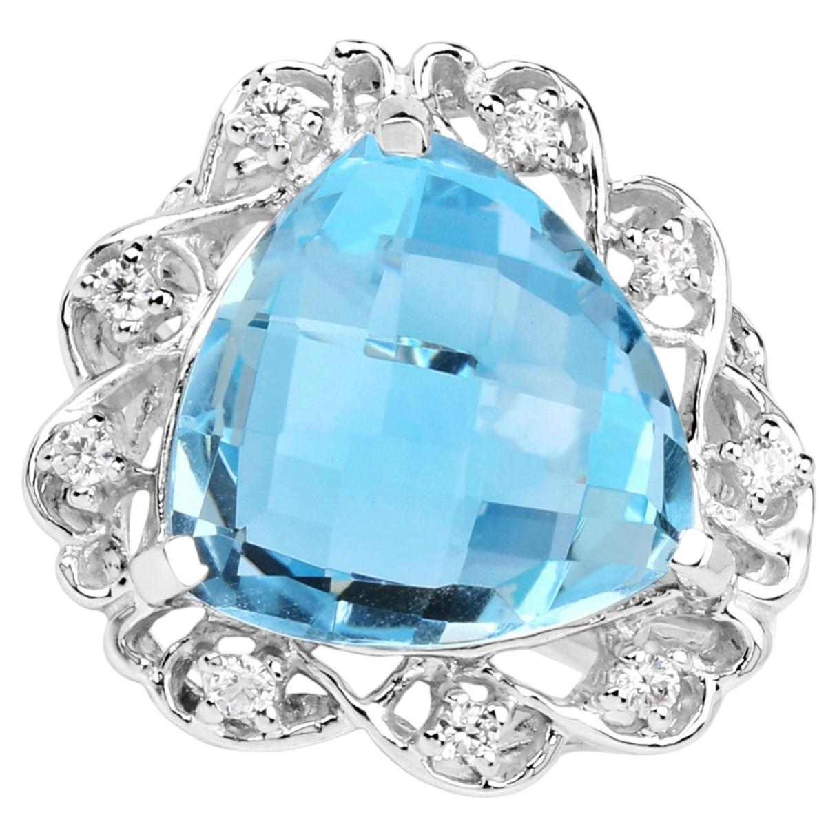 Blue Topaz Ring With White Zircon 10.9 Carats Sterling Silver