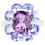 Amethyst Flower Ring With Tanzanite 5.2 Carats Sterling Silver