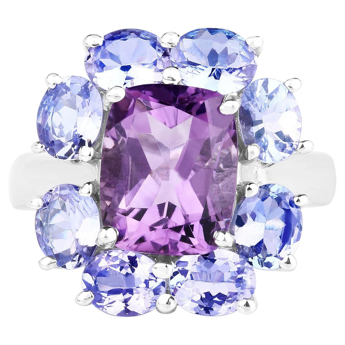 Amethyst Flower Ring With Tanzanite 5.2 Carats Sterling Silver