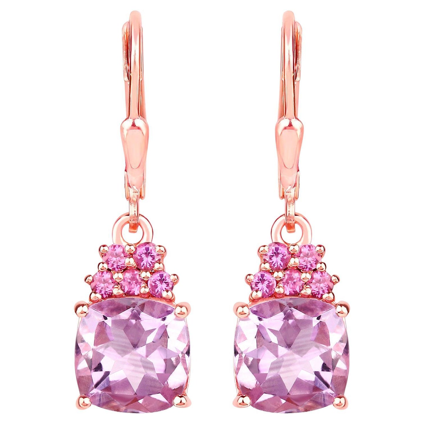 Pink Amethyst Dangle Earrings With Rhodolite Garnets 4.90 Carats 18K Plated