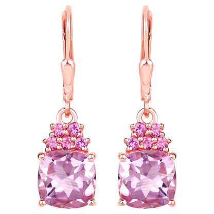 Pink Amethyst Dangle Earrings With Rhodolite Garnets 4.90 Carats 18K Plated