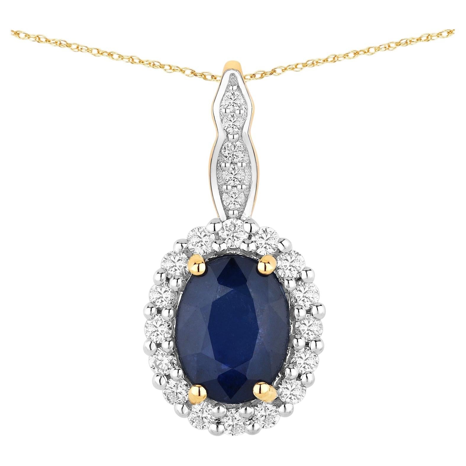 Blue Sapphire Pendant With Diamonds 1.75 Carats 14K Yellow Gold