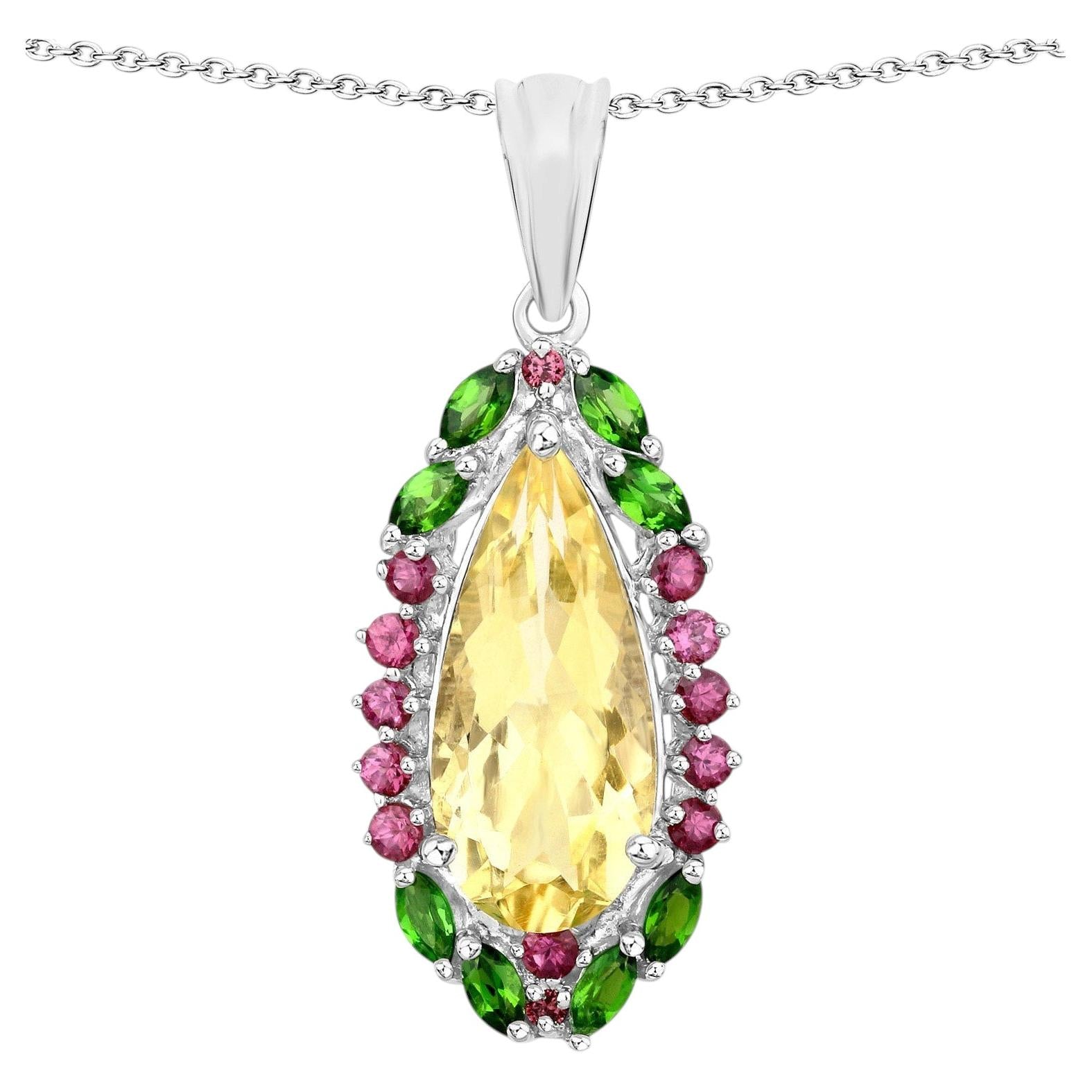 Citrine Pendant Rhodolite Garnet and Chrome Diopside 6.12 Carats Sterling Silver