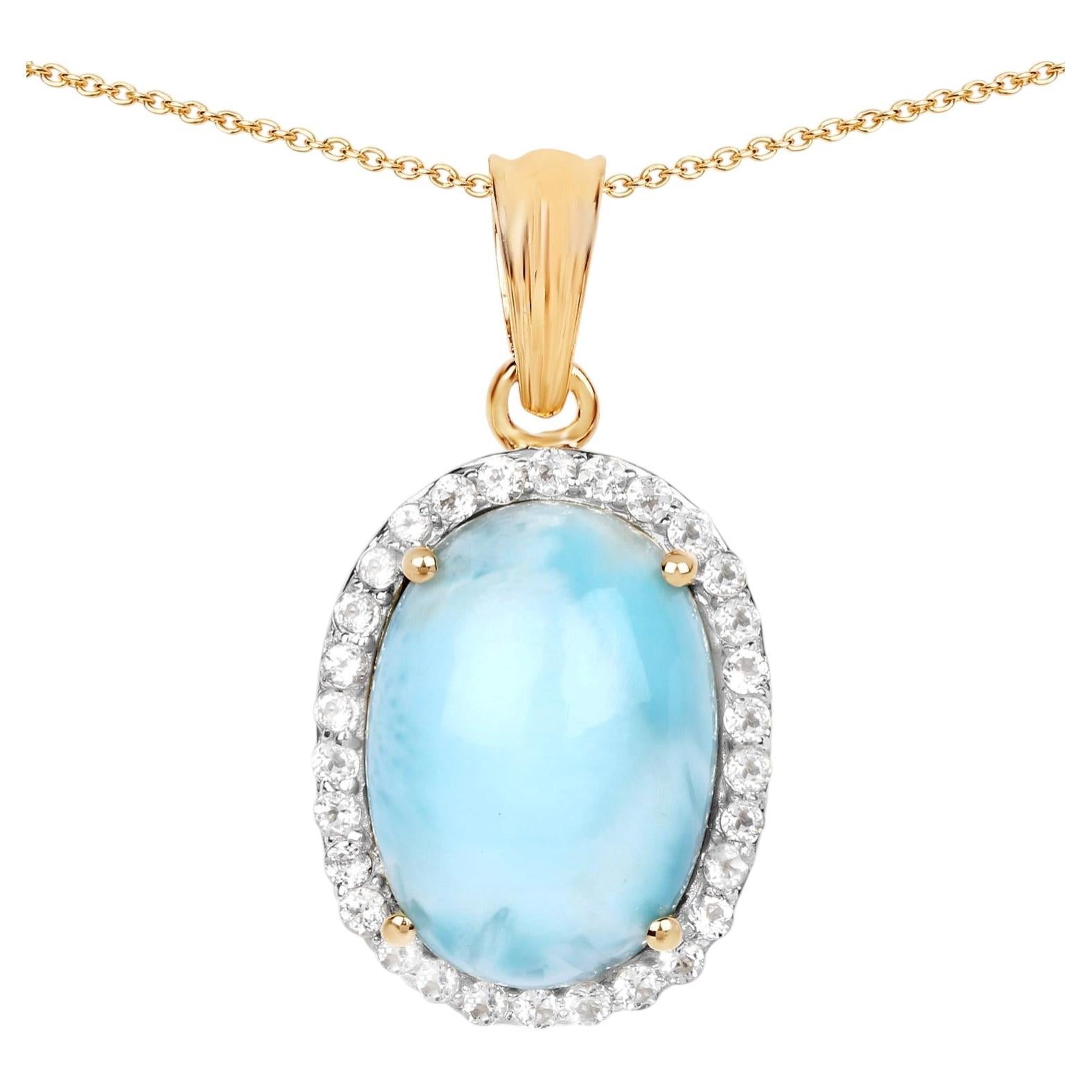 Larimar Pendant With White Topaz 13.5 Carats Gold Plated Silver