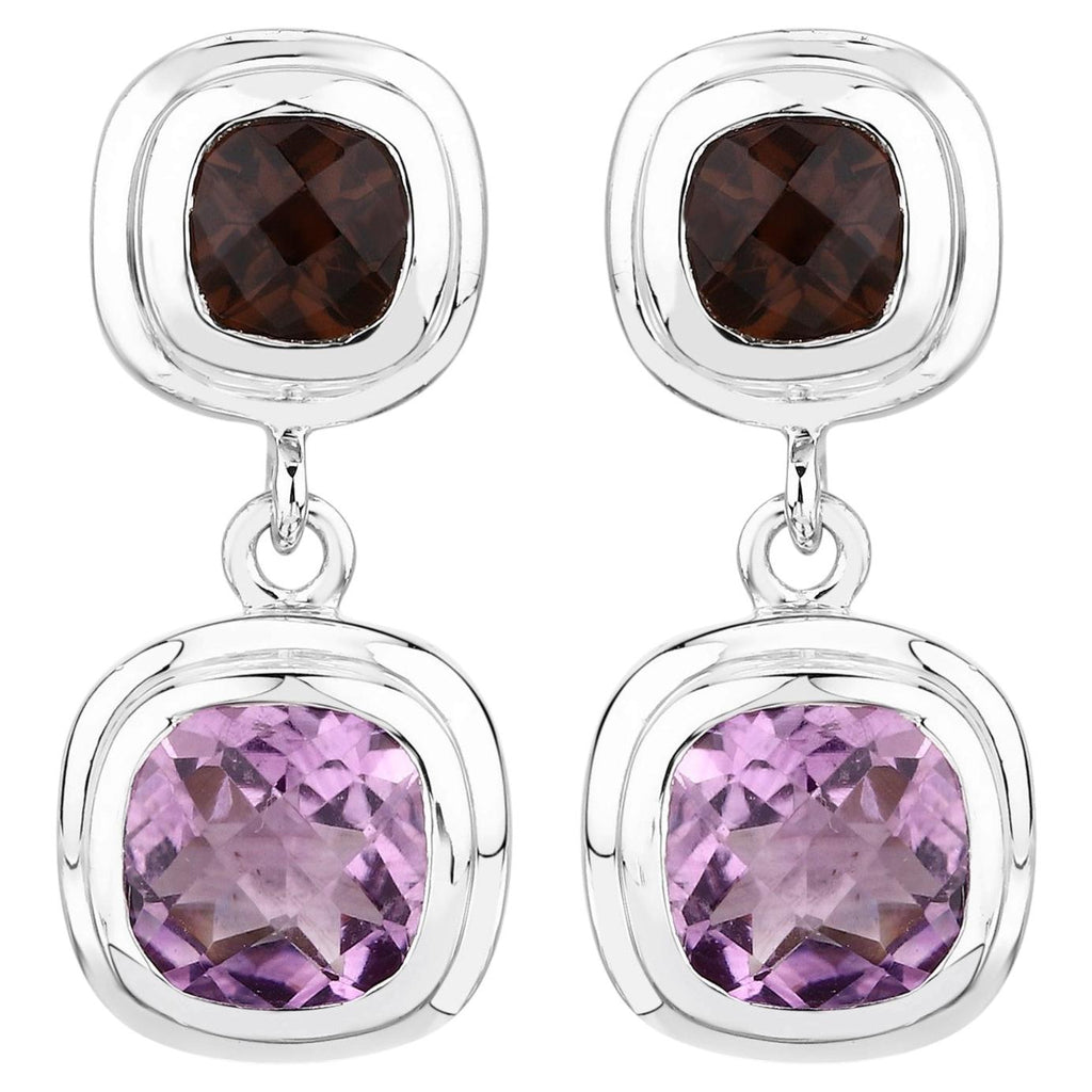 Amethyst Dangle Earrings With Smoky Quartz 6.56 Carats Sterling Silver