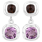 Amethyst Dangle Earrings With Smoky Quartz 6.56 Carats Sterling Silver