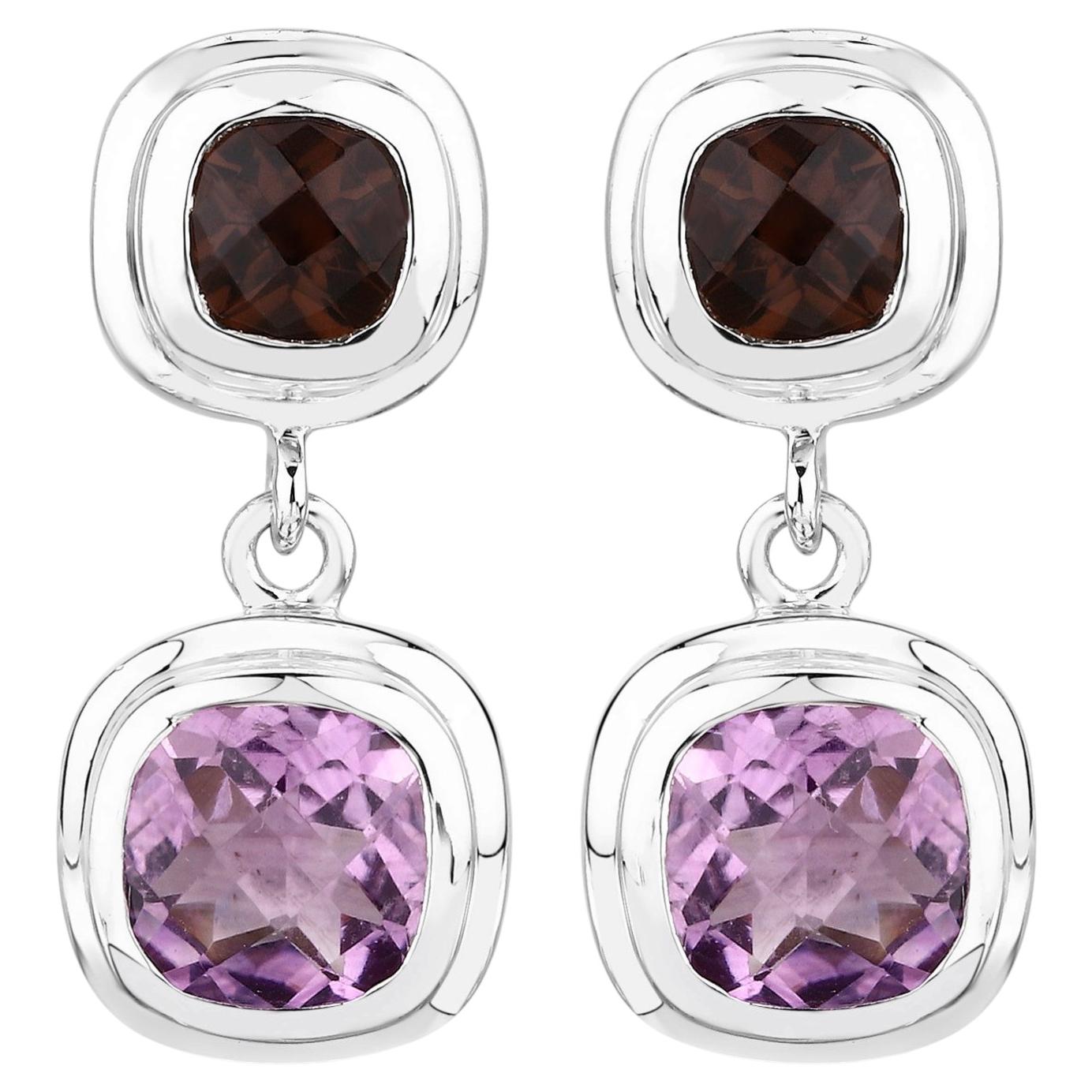 Amethyst Dangle Earrings With Smoky Quartz 6.56 Carats Sterling Silver