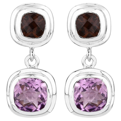 Amethyst Dangle Earrings With Smoky Quartz 6.56 Carats Sterling Silver