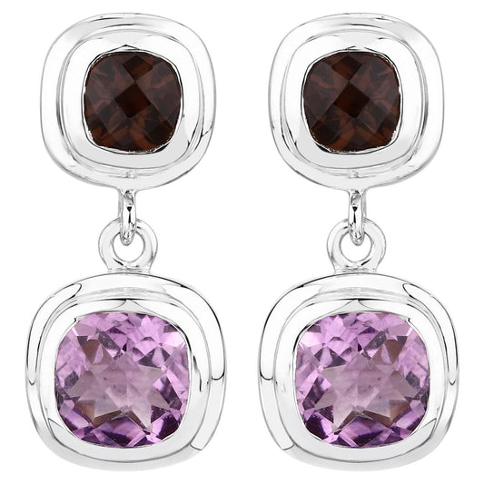 Amethyst Dangle Earrings With Smoky Quartz 6.56 Carats Sterling Silver
