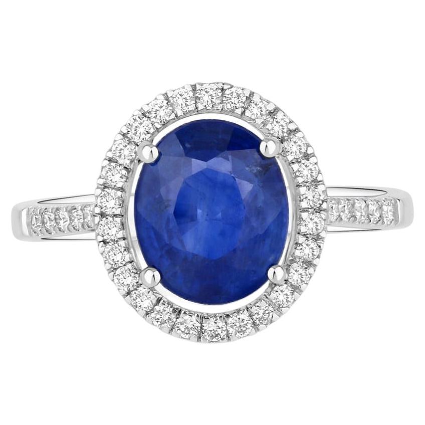 Blue Sapphire Ring With Diamonds 3.18 Carats 18K White Gold