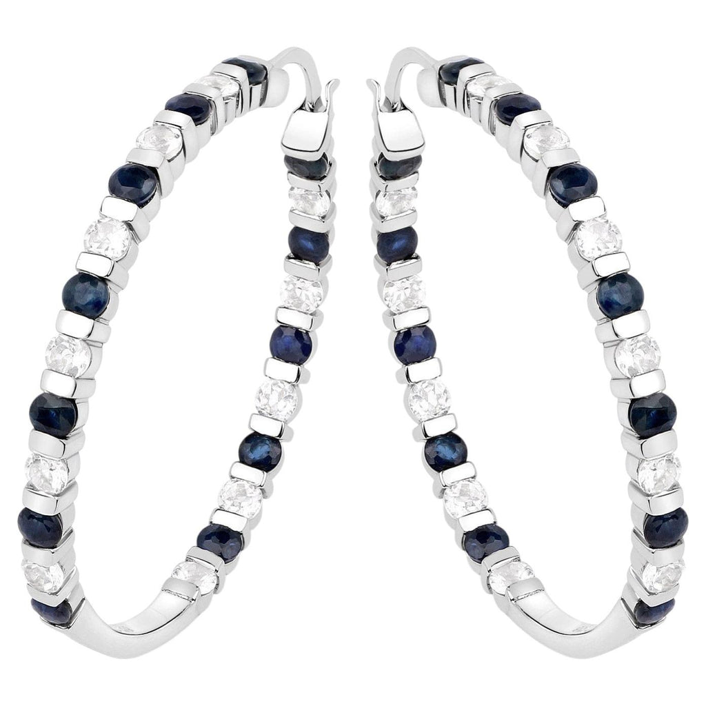 Natural Blue Sapphire Hoop Earrings White Topaz 4.34 Carats Sterling Silver