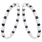 Natural Blue Sapphire Hoop Earrings White Topaz 4.34 Carats Sterling Silver