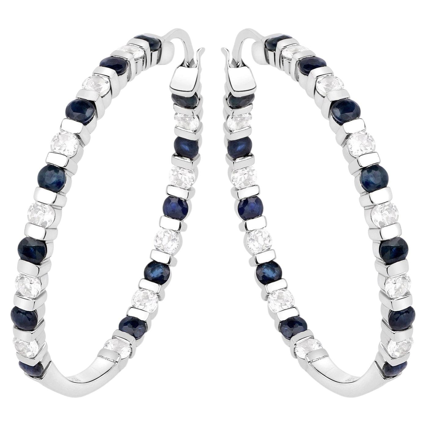 Natural Blue Sapphire Hoop Earrings White Topaz 4.34 Carats Sterling Silver