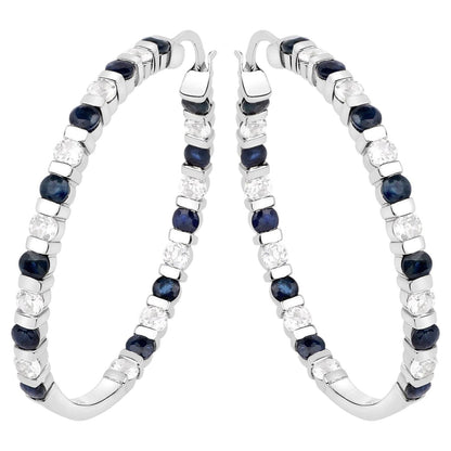 Natural Blue Sapphire Hoop Earrings White Topaz 4.34 Carats Sterling Silver