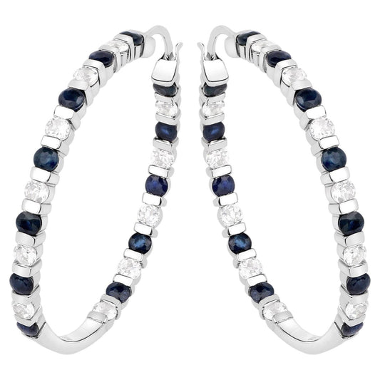 Natural Blue Sapphire Hoop Earrings White Topaz 4.34 Carats Sterling Silver