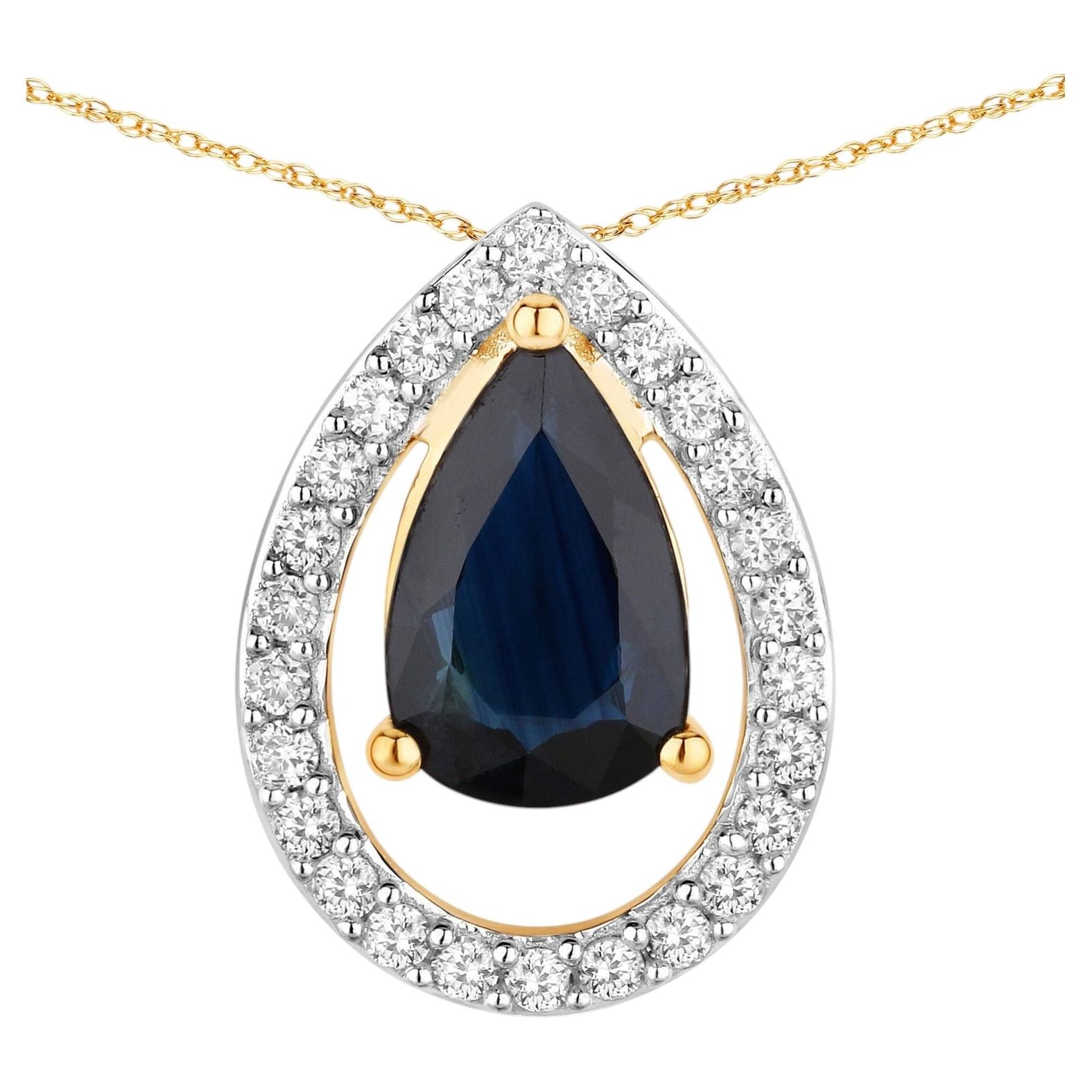 Blue Sapphire Pendant With Diamonds 1.12 Carats 14K Yellow Gold