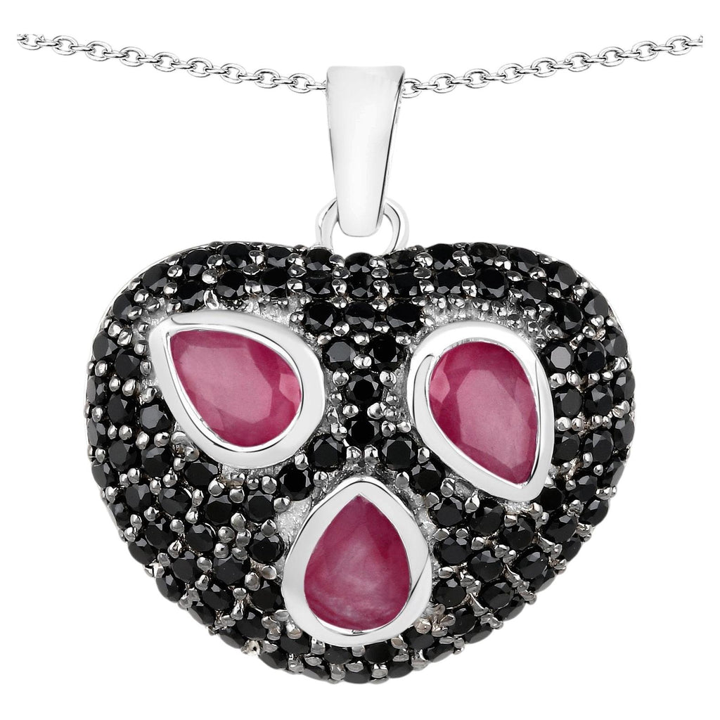 Ruby Heart Pendant With Black Spinel 3.24 Carats Sterling Silver