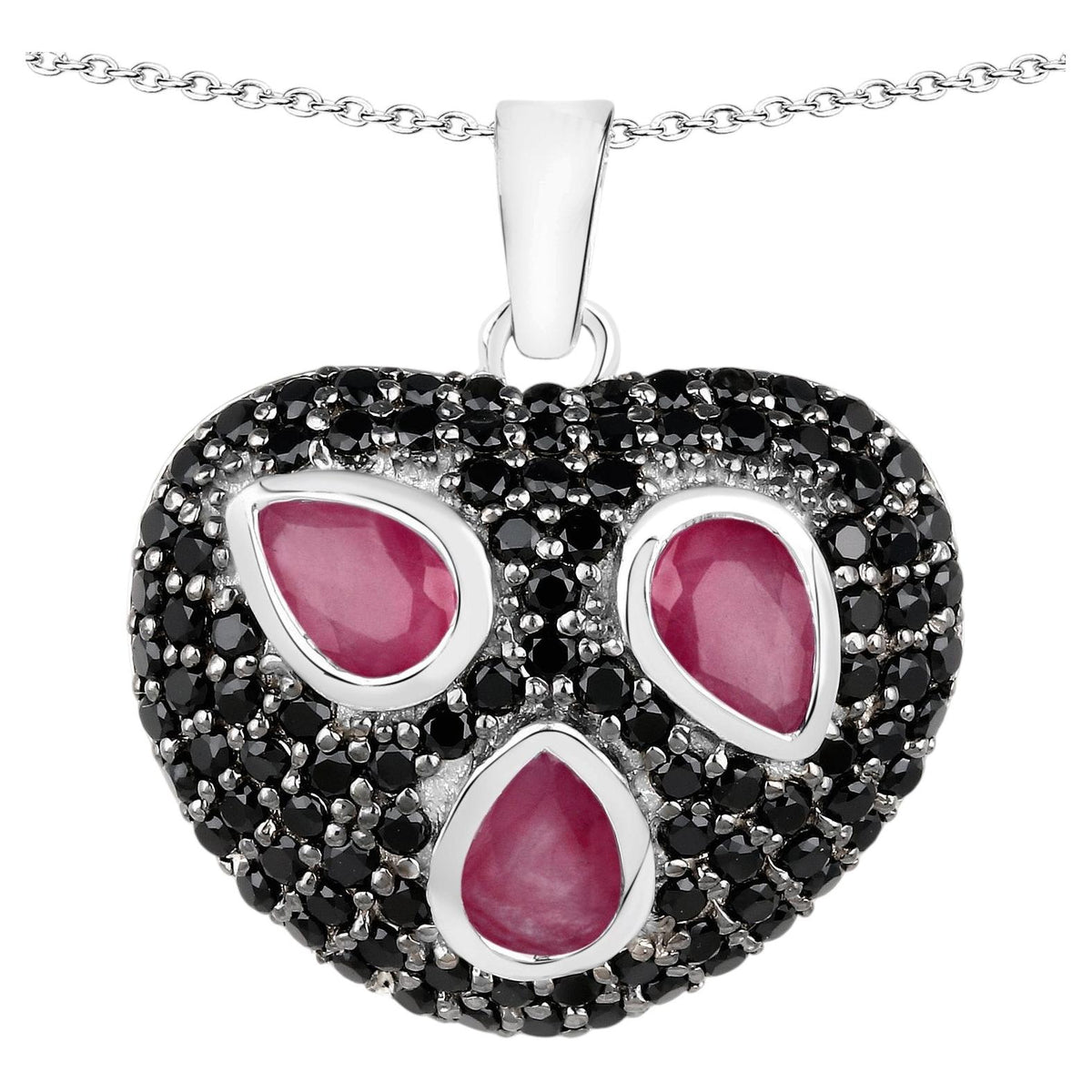 Ruby Heart Pendant With Black Spinel 3.24 Carats Sterling Silver
