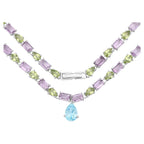 Natural Blue Topaz Amethyst and Peridot Eternity Necklace 32 Carats Silver