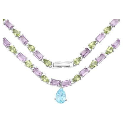 Natural Blue Topaz Amethyst and Peridot Eternity Necklace 32 Carats Silver