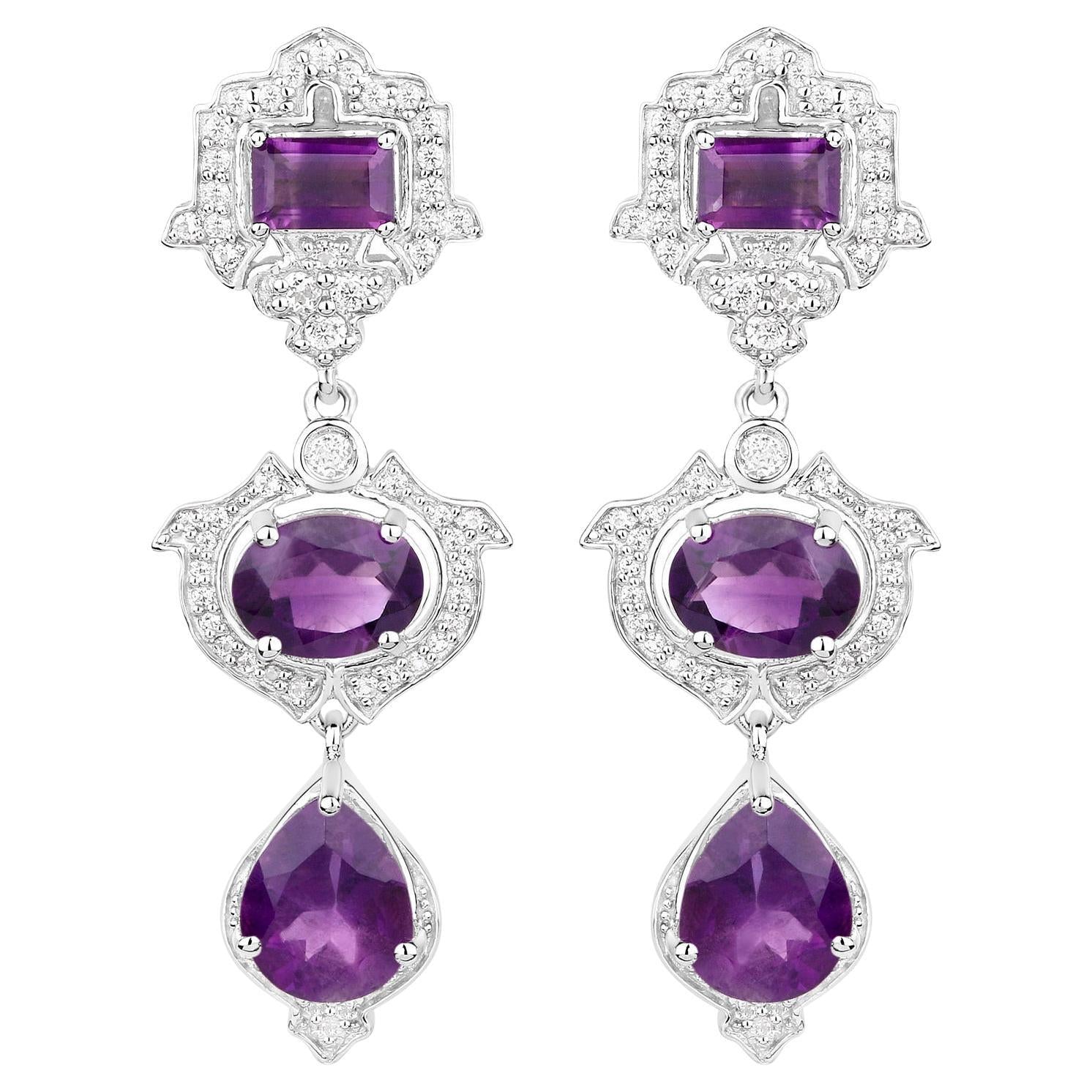 Amethyst Earrings With White Topaz 6.94 Carats Sterling Silver