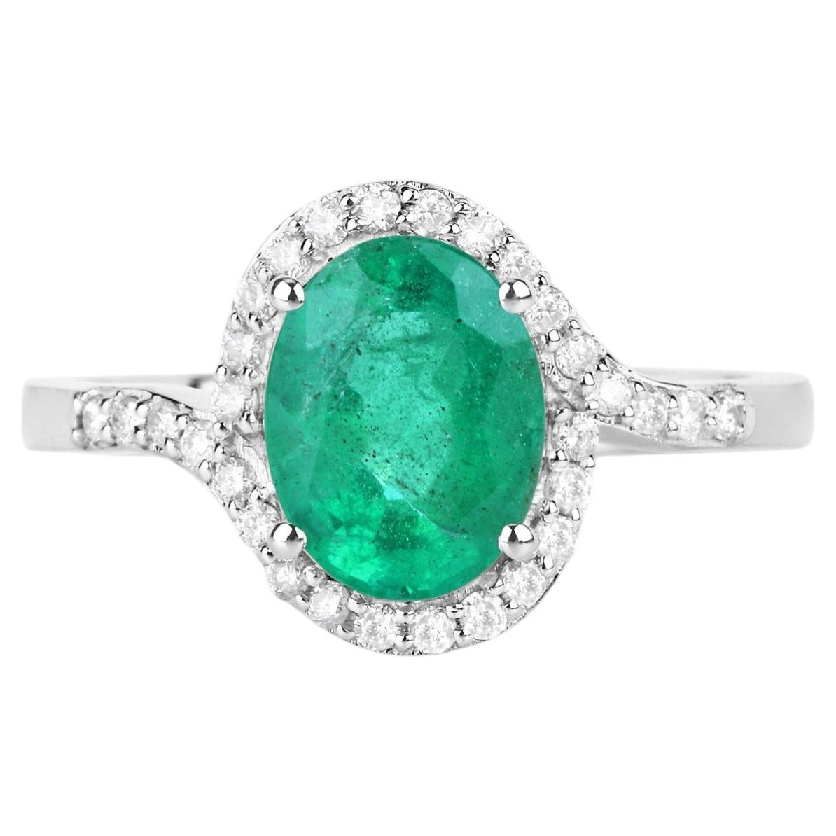 Zambian Emerald Ring With Diamonds 1.88 Carats 14K White Gold