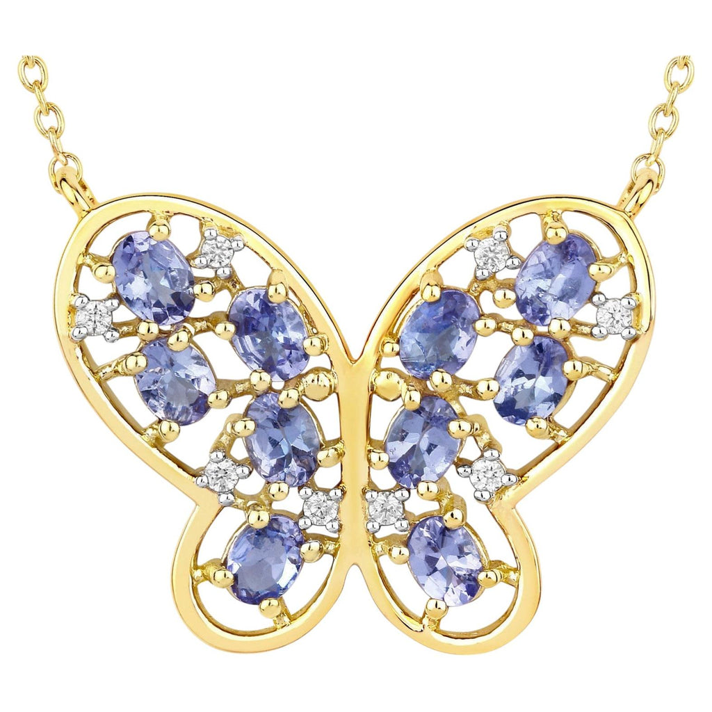 Tanzanite Butterfly Necklace With White Zircon 1.82 Carats Gold Plated Silver