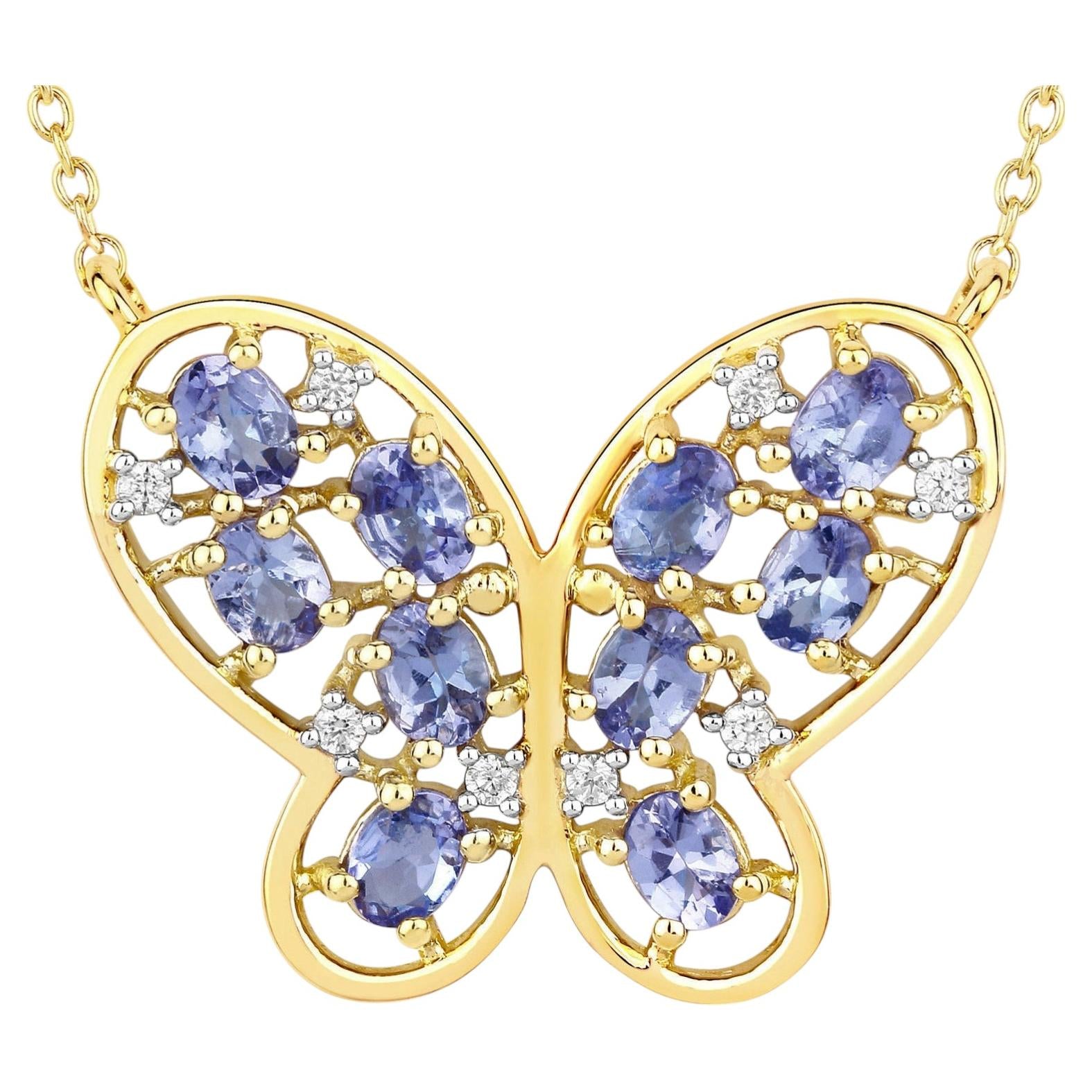 Tanzanite Butterfly Necklace With White Zircon 1.82 Carats Gold Plated Silver