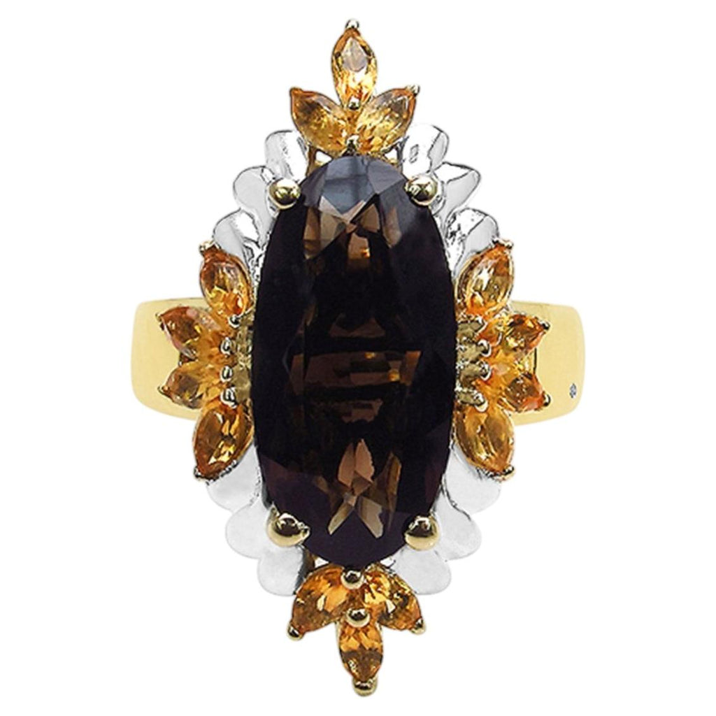 Smoky Quartz Ring With Citrine 7.03 Carats Gold Plated Silver