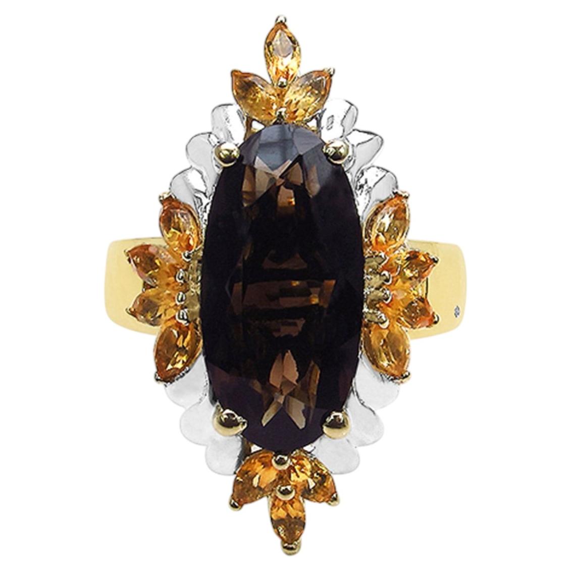 Smoky Quartz Ring With Citrine 7.03 Carats Gold Plated Silver