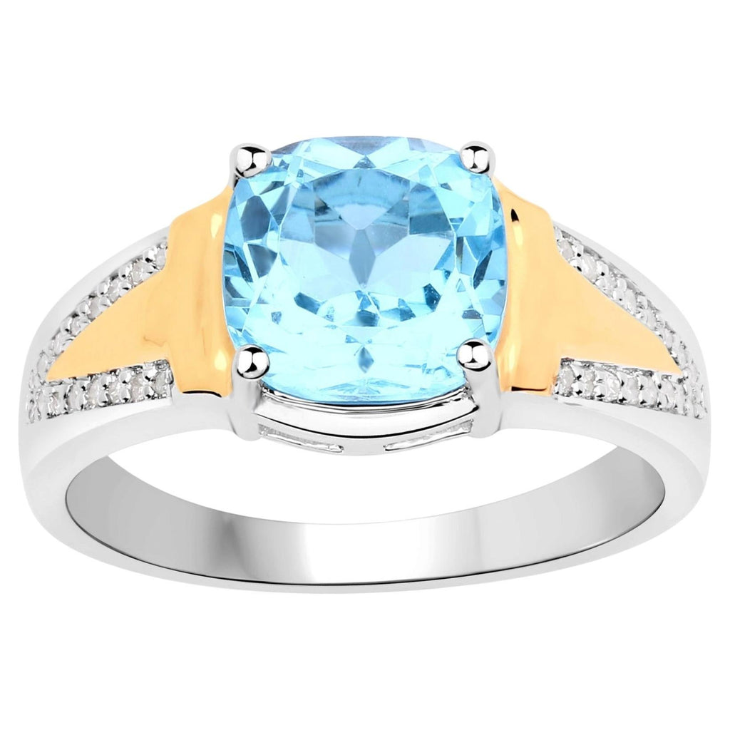 Swiss Blue Topaz Ring With Diamonds 2.72 Carats Gold Plated Silver