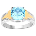 Swiss Blue Topaz Ring With Diamonds 2.72 Carats Gold Plated Silver