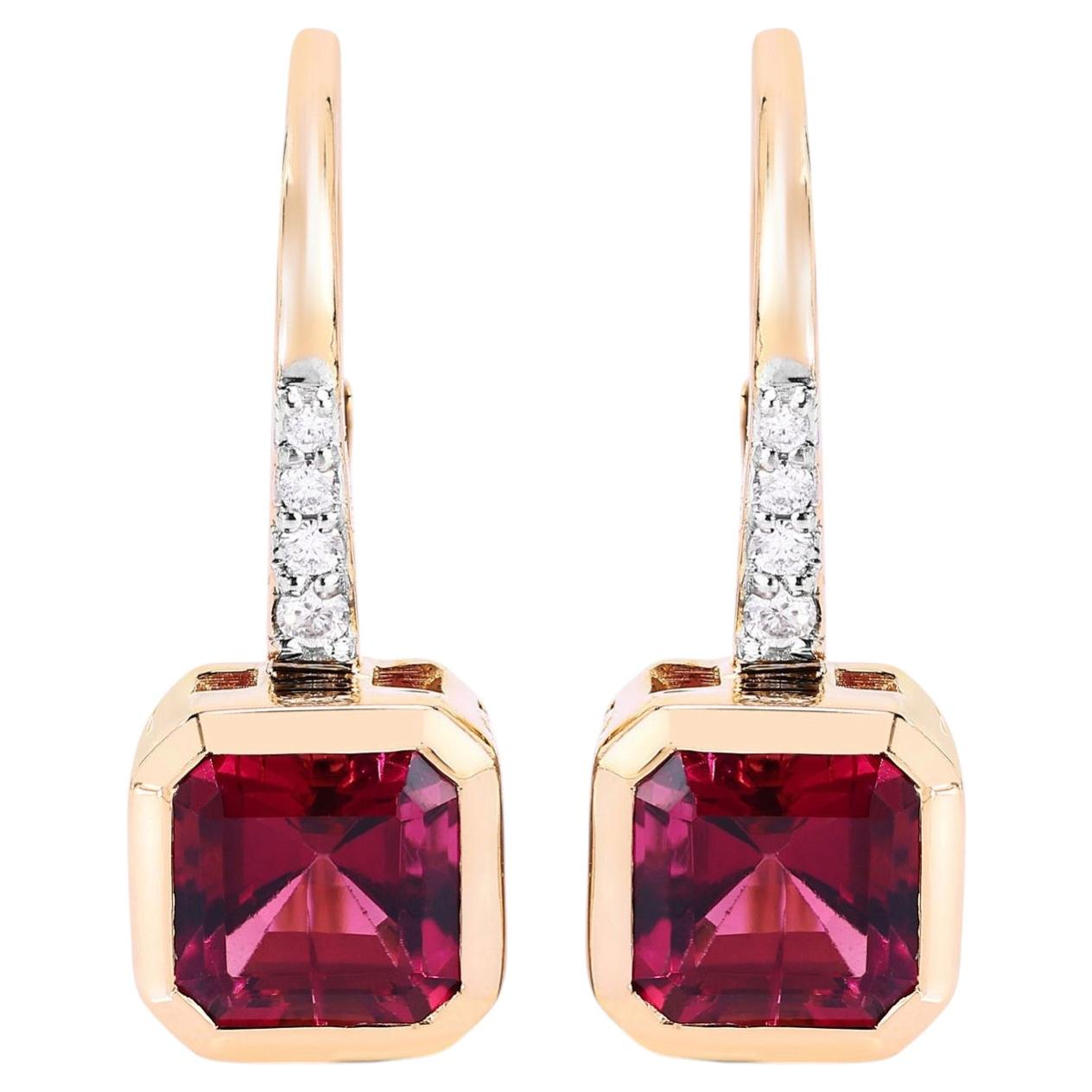 Rubellite Earrings With Diamonds 2.53 Carats 14K Yellow Gold