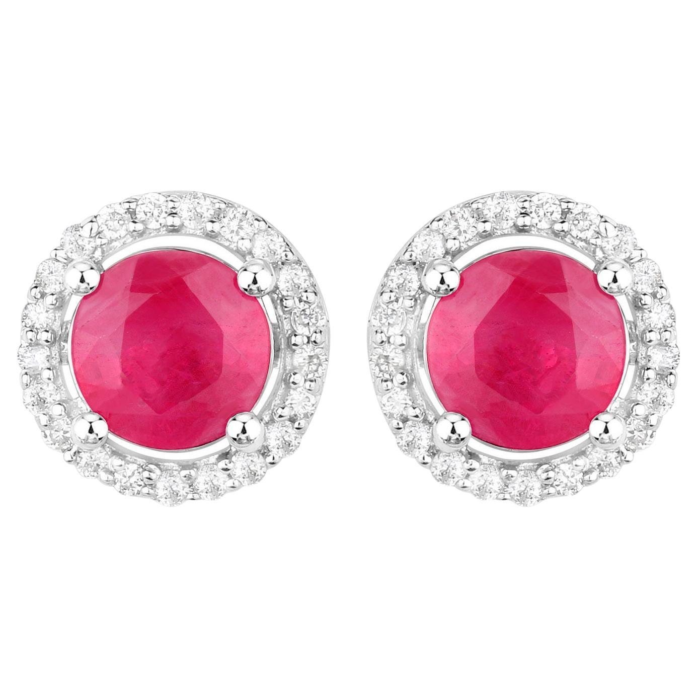 Ruby Earrings Diamonds 1.2 Carats 14K White Gold