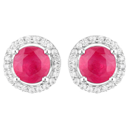 Ruby Earrings Diamonds 1.2 Carats 14K White Gold