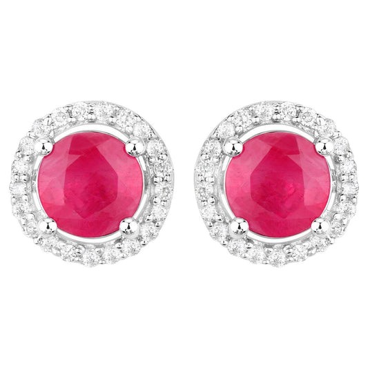 Ruby Earrings Diamonds 1.2 Carats 14K White Gold