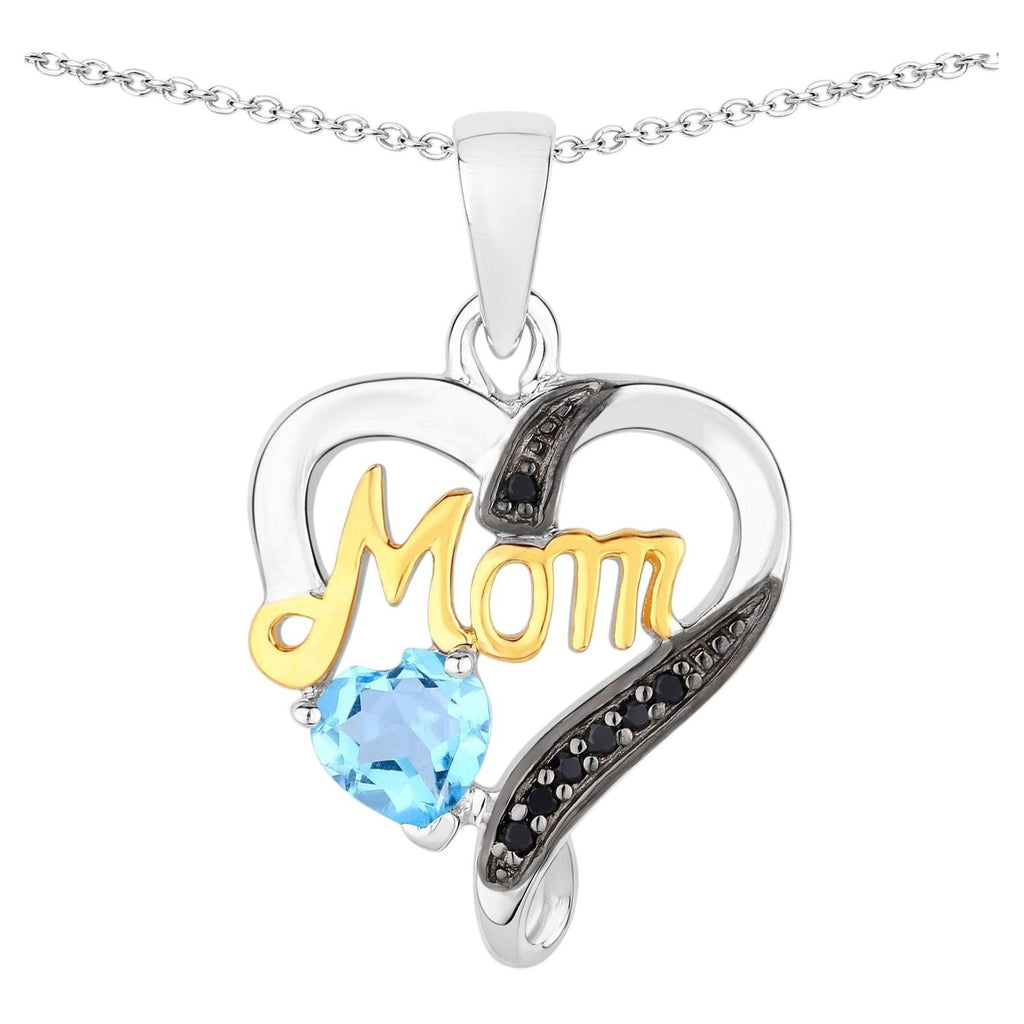 Swiss Blue Topaz Mom Pendant With Black Spinel 0.54 Carats Gold Plated Silver