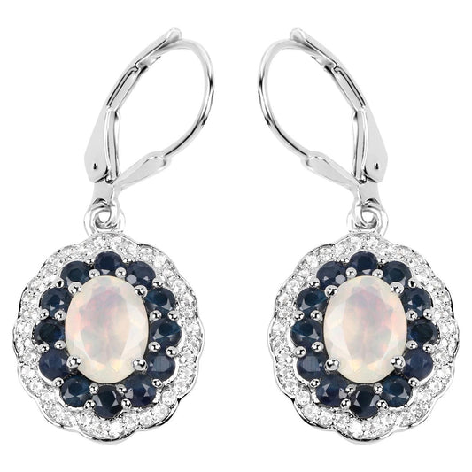 Ethiopian Opal Dangle Earrings Blue Sapphire 2.7 Carats Silver