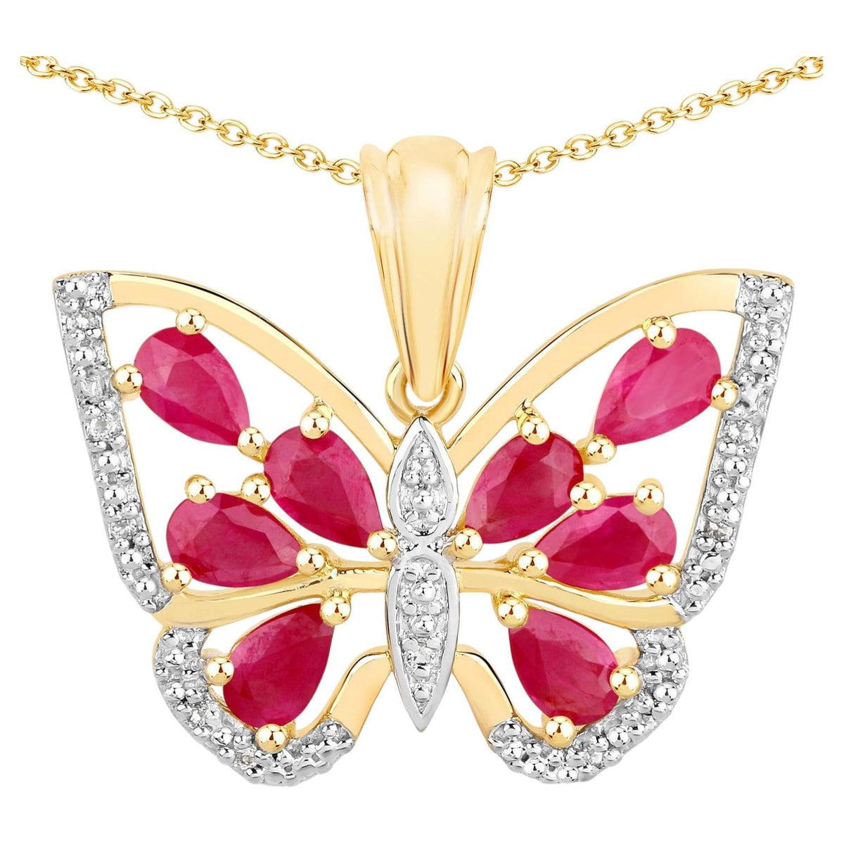Ruby Butterfly Pendant White Zircon 2.02 Carats Gold Plated Silver