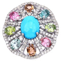 Turquoise Ring With Multicolor Tourmaline 6.1 Carats Sterling Silver