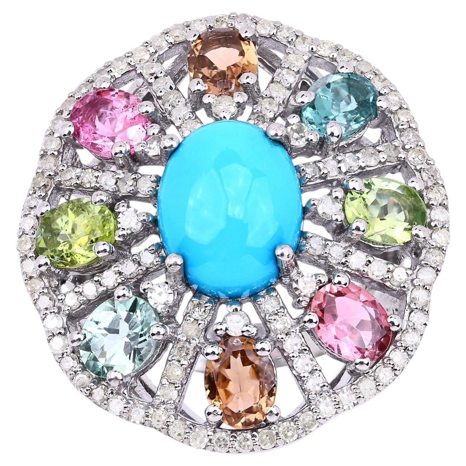 Turquoise Ring With Multicolor Tourmaline 6.1 Carats Sterling Silver