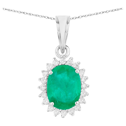 Zambian Emerald Pendant Necklace Diamonds 1.35 Carats 10K White Gold