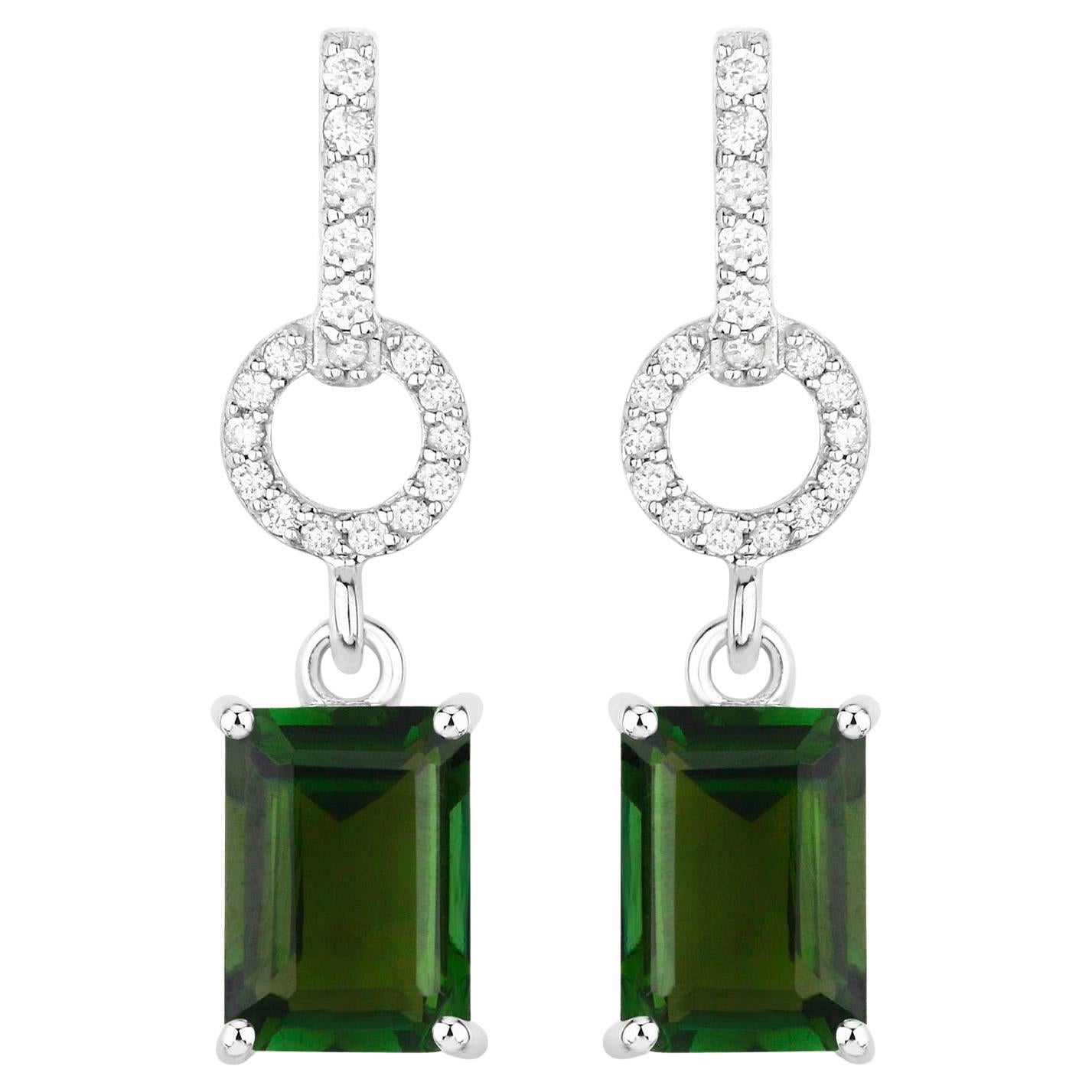 Green Tourmaline Dangle Earrings Diamonds 2.26 Carats 14K White Gold