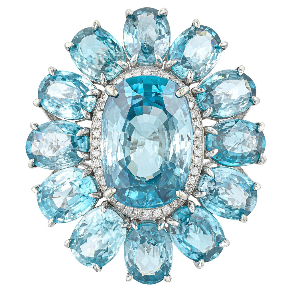 Blue Zircon Cocktail Ring Diamond Halo 30 Carats 14K Gold