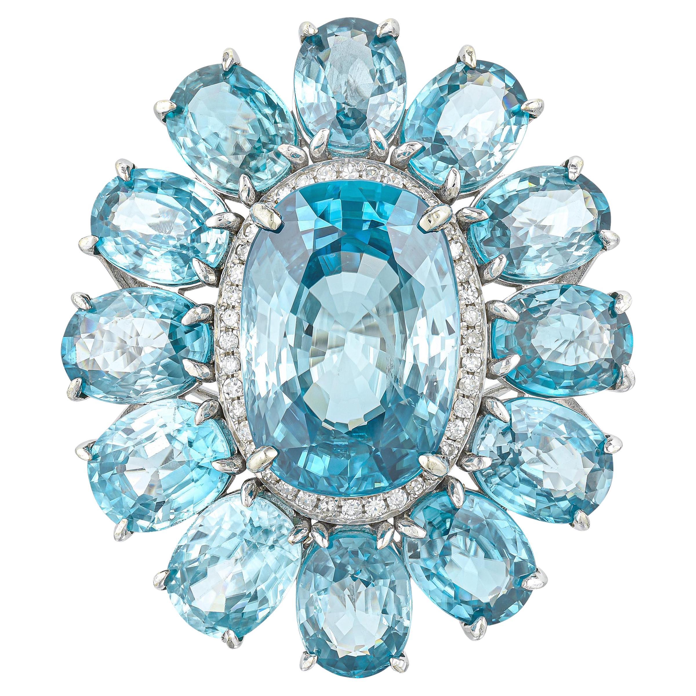 Blue Zircon Cocktail Ring Diamond Halo 30 Carats 14K Gold