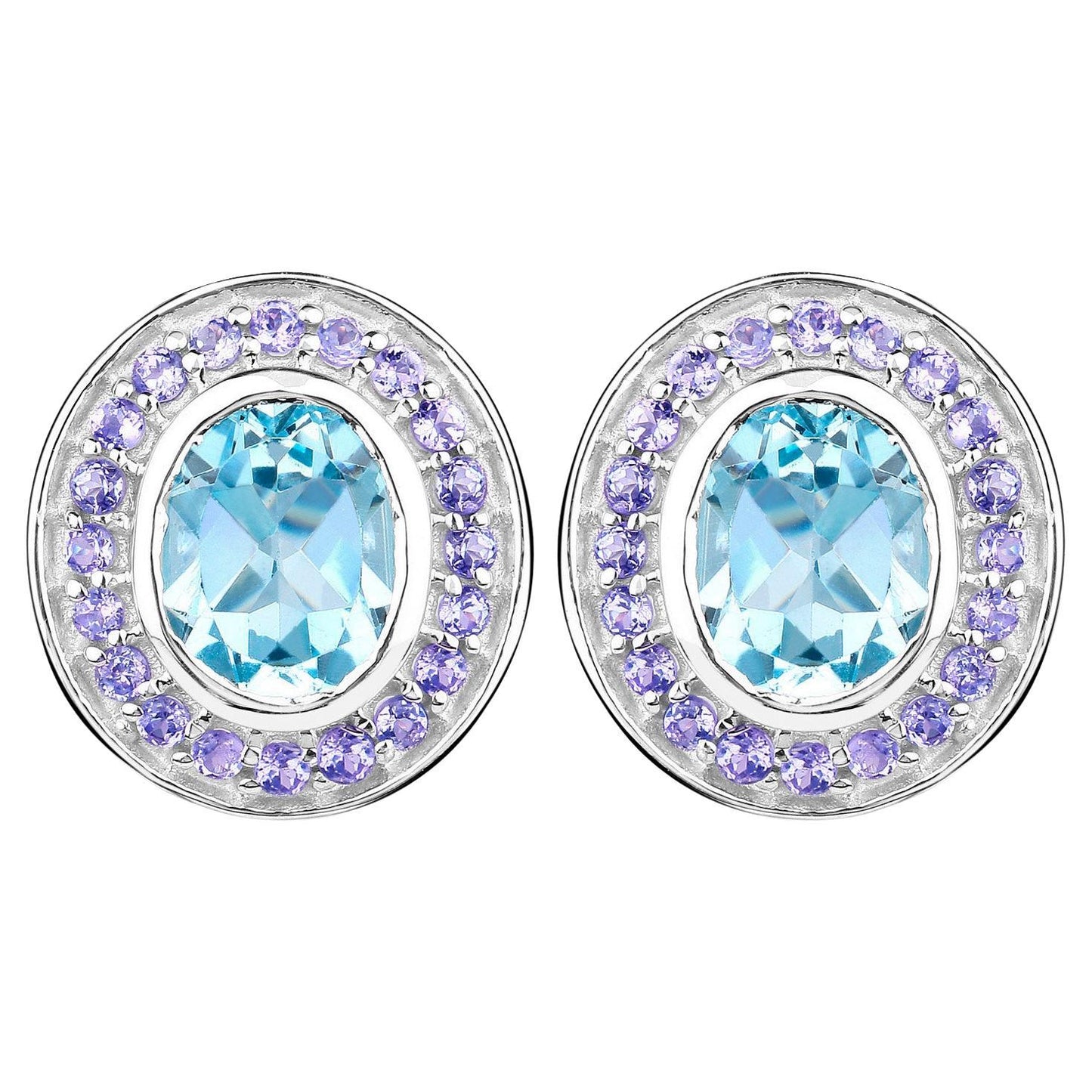 Blue Topaz Stud Earrings Tanzanite 6.2 Carats 18K Gold Plated Silver